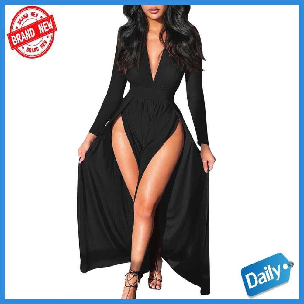 Sexy Plunge V Neck Long Sleeve Bodycon Maxi Dress with High Split